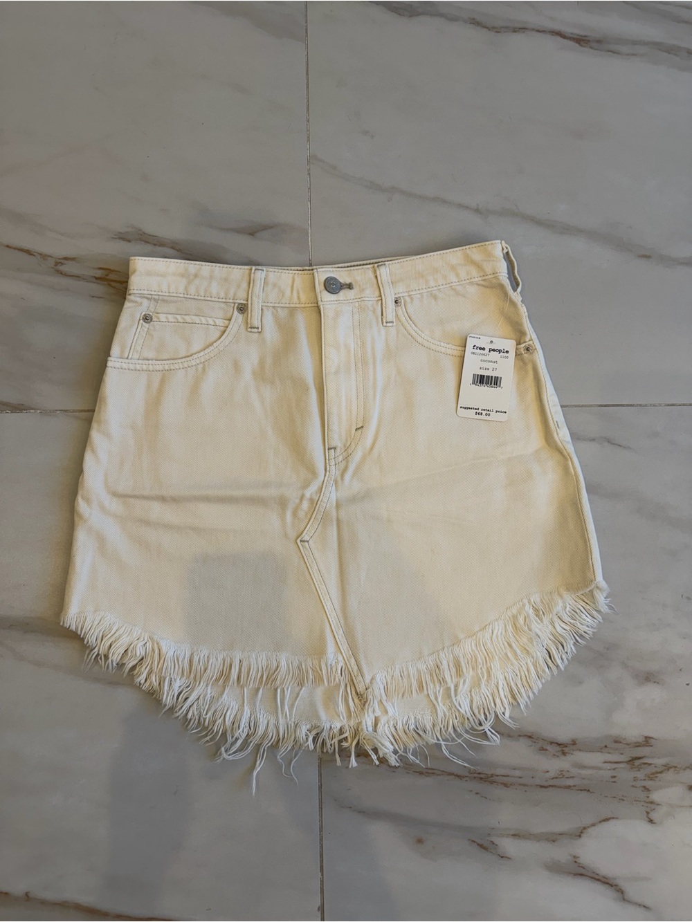 Free People Ivory Frayed Trim Denim Skirt